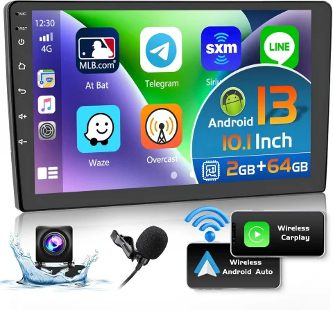 Android Car Stereo 2+64GB Double Din Wireless Apple Carplay Android Auto, 10.1 inch Touchscreen Car Radio GPS Navigation WiFi Backup Camera Bluetooth HiFi FM SWC Mic